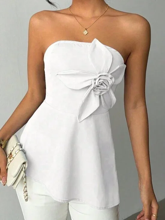 White Casual Women's Elegant 3d Floral Asymmetrical Hem Tube Top - Picture 6 of 7